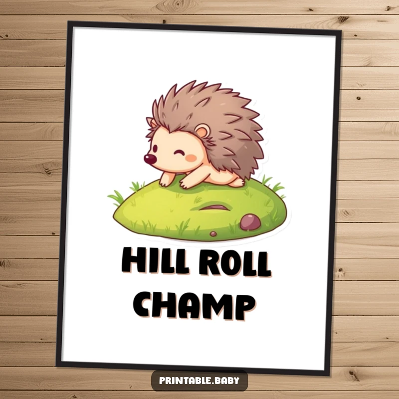 Funny poster featuring a happy hedgehog rolling downhill amongst green grass, capturing a moment of free-spirited, joyful motion.