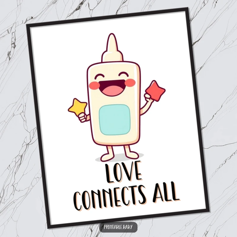 Funny poster of a laughing glue stick character happily sticking two shapes together, symbolizing bonding and fun.