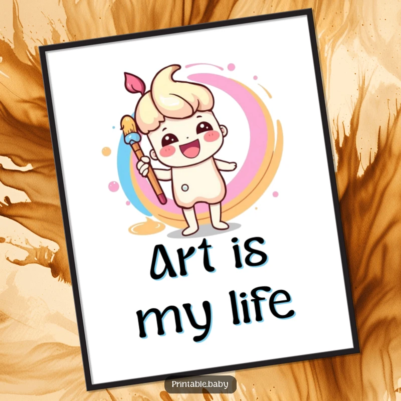 Funny Paintbrush Poster: A colorful poster featuring a cheerful paintbrush character painting a rainbow swirl, perfect for studio or home decor.