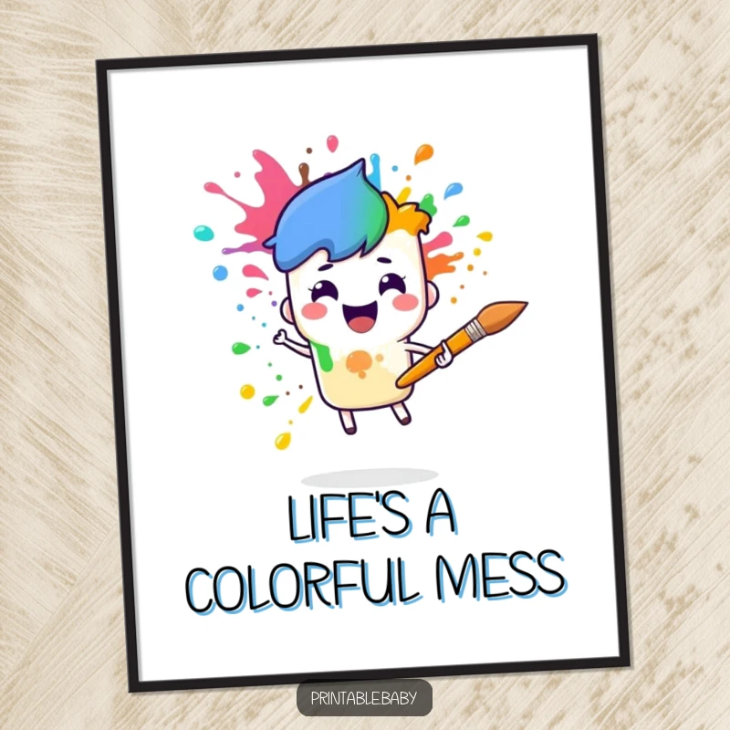 Funny paintbrush rainbow poster featuring a cheerful paintbrush character splattering rainbow colors, vibrant and humorous wall art.