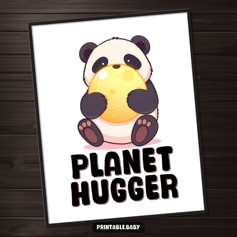 Funny poster art of a sweet panda bear hugging a glowing, round planet, symbolizing love for Earth and gentle stewardship.