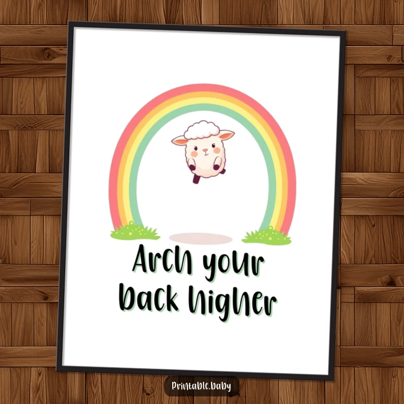 Funny poster art of a happy sheep leaping joyfully over a vibrant rainbow arch, capturing a moment of pure delight.
