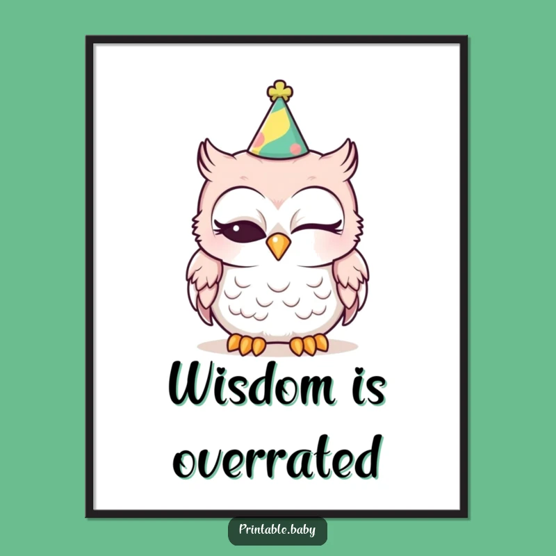 Funny Sleepy Baby Owl Party Hat Poster - Whimsical Wall Art