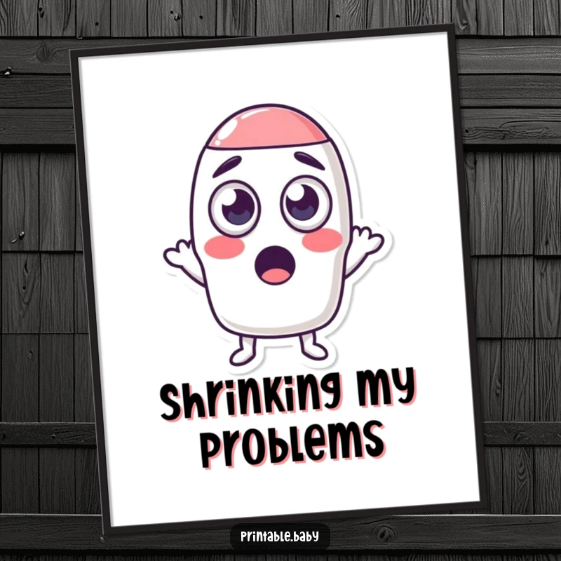 Funny poster print of a shocked eraser character with large eyes shrinking a shape, a whimsical and humorous piece of art.