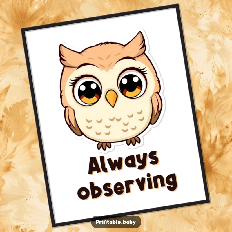 Funny owl with comically large, wide eyes, looking shocked, humorous poster for amusing, wide-eyed wall decor.