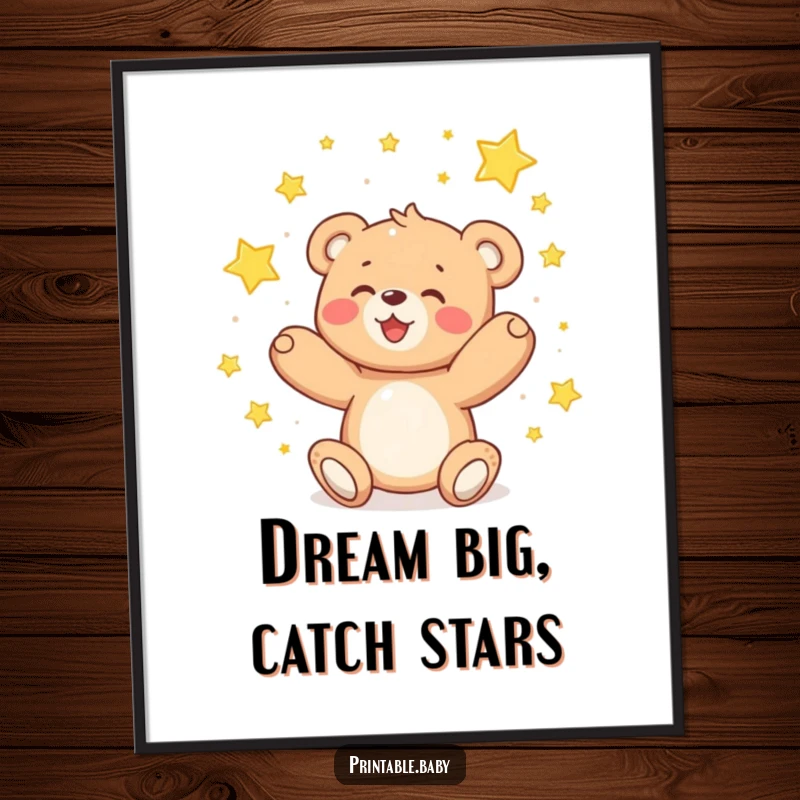 Funny teddy bear poster, delighted bear catching falling sparkling stars, magical wall art.
