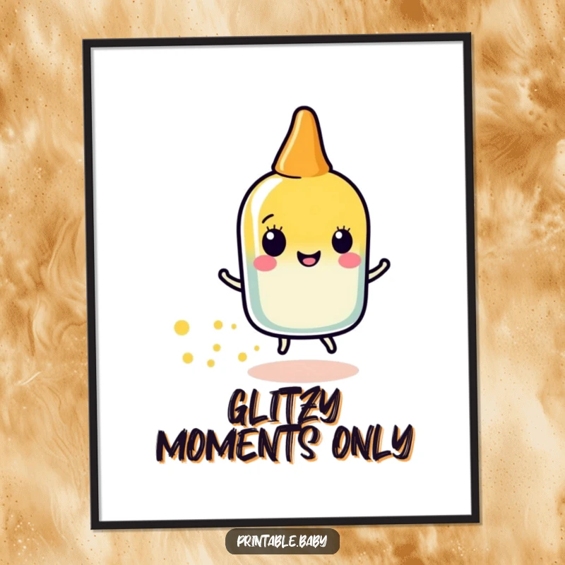 Funny glue stick sparkle poster featuring a happy glue stick character leaving a trail of sparkly dots, humorous and charming wall art.