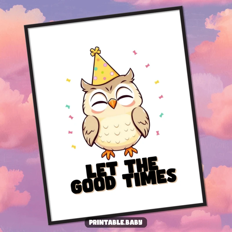 Funny poster art of a giggling owl wearing a party hat with confetti falling, capturing a moment of pure celebratory delight.