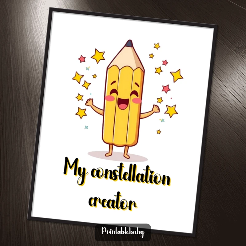 Funny Pencil Poster: Whimsical wall art of a giddy pencil character scribbling colorful stars, celebrating creativity and celestial wonder.