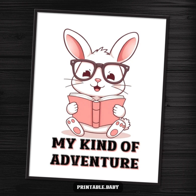 Funny poster artwork of a cheerful bunny wearing glasses, deeply engrossed in a book, adding whimsy to decor.