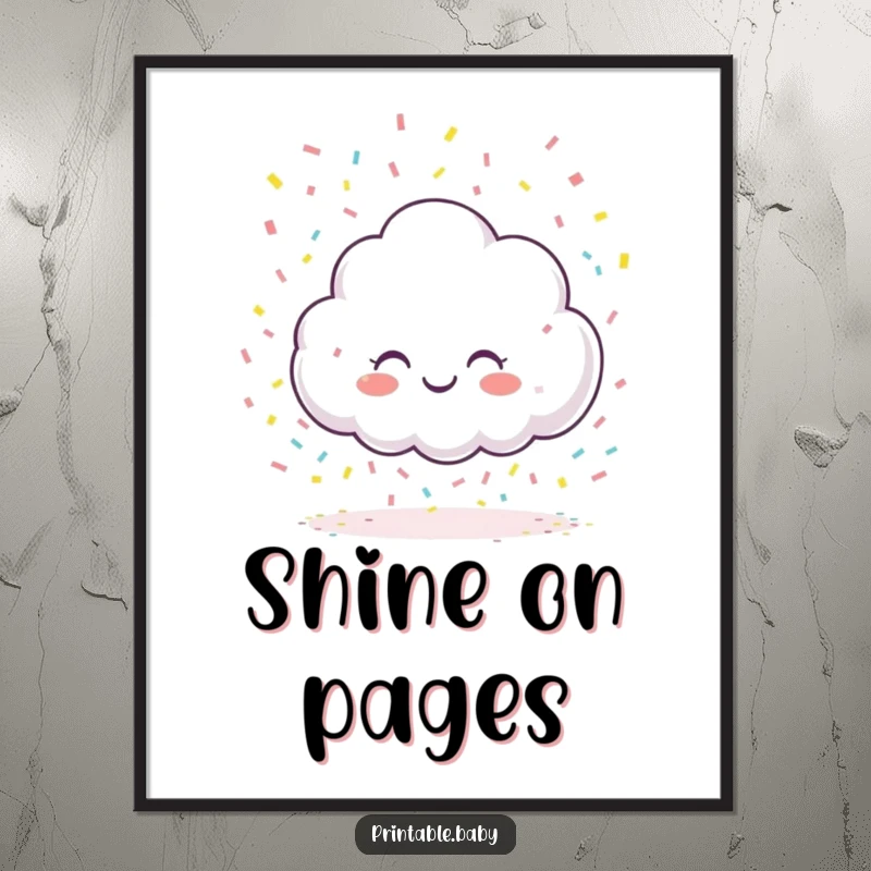 Funny giggling cloud character poster, raining colorful confetti onto a blank page, perfect for adding vibrant and humorous wall decor.