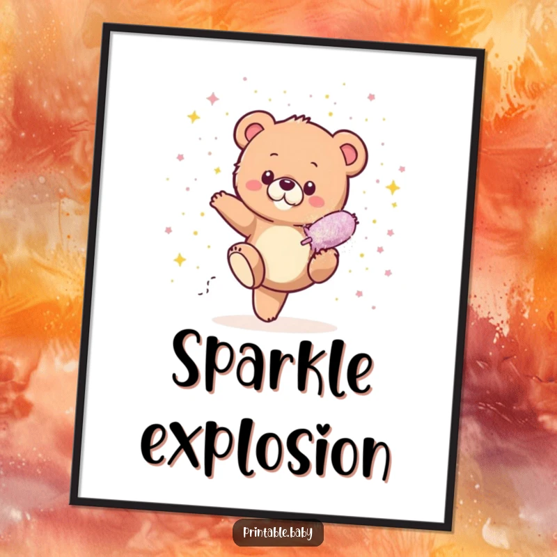 Funny Bear Cub Glitter Poster depicting a tiny bear cub kicking a glitter bomb, showering itself in a spectacular, joyful cascade of sparkles.