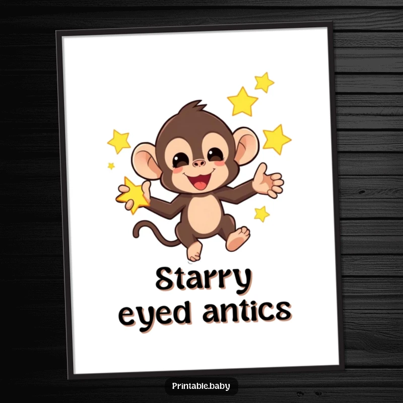 Funny poster showcasing a mischievous monkey juggling bright, glowing stars, a humorous and whimsical piece of wall art.
