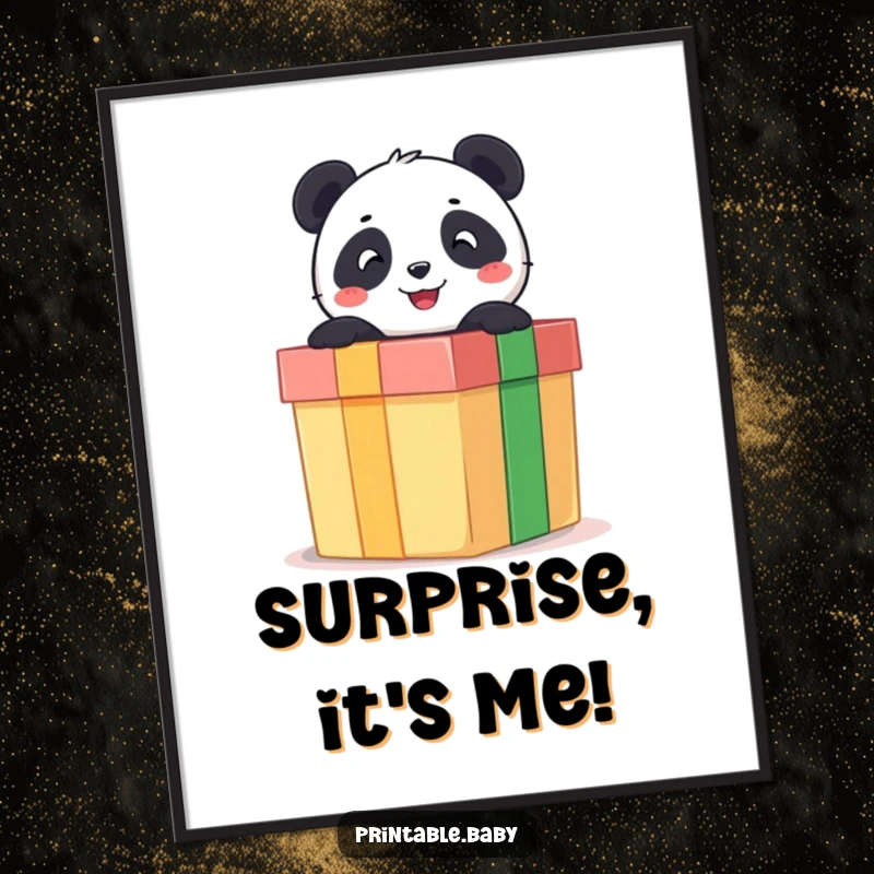 Funny poster art of a cheerful panda bear popping out of a giant gift box, capturing a moment of pure delightful surprise.