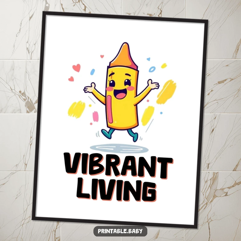 Funny playful crayon character poster, dancing joyfully around a sketchbook, perfect for adding vibrant and humorous wall decor.