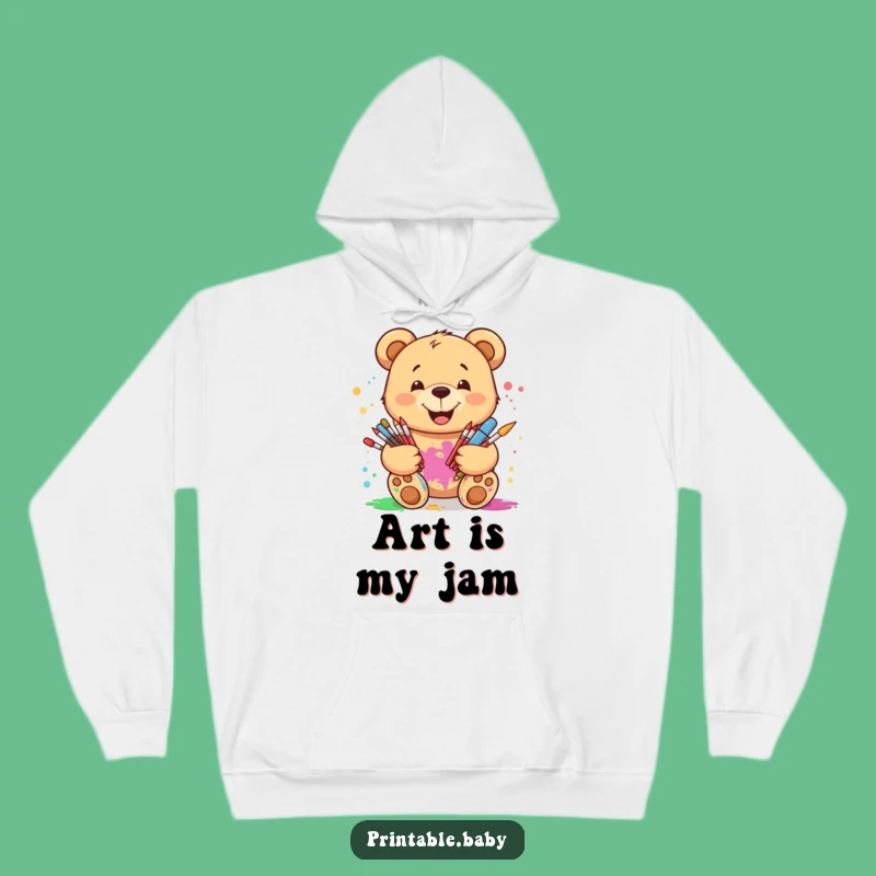 Cozy Funny Art Bear Hoodie: Smiling Teddy & Paint Splatters for Warm Creative Vibes