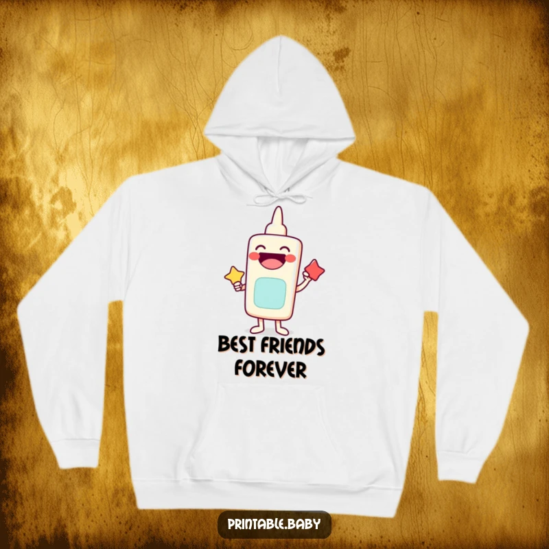Funny hoodie with a laughing glue stick character happily bonding shapes, cozy and perfect for creatives.