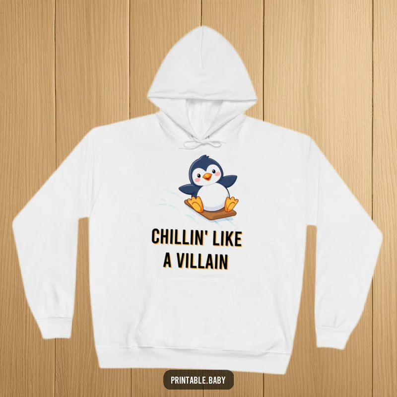 Funny hoodie showcasing a joyful penguin sliding down a sparkling, icy slope. A cozy and humorous winter apparel choice.