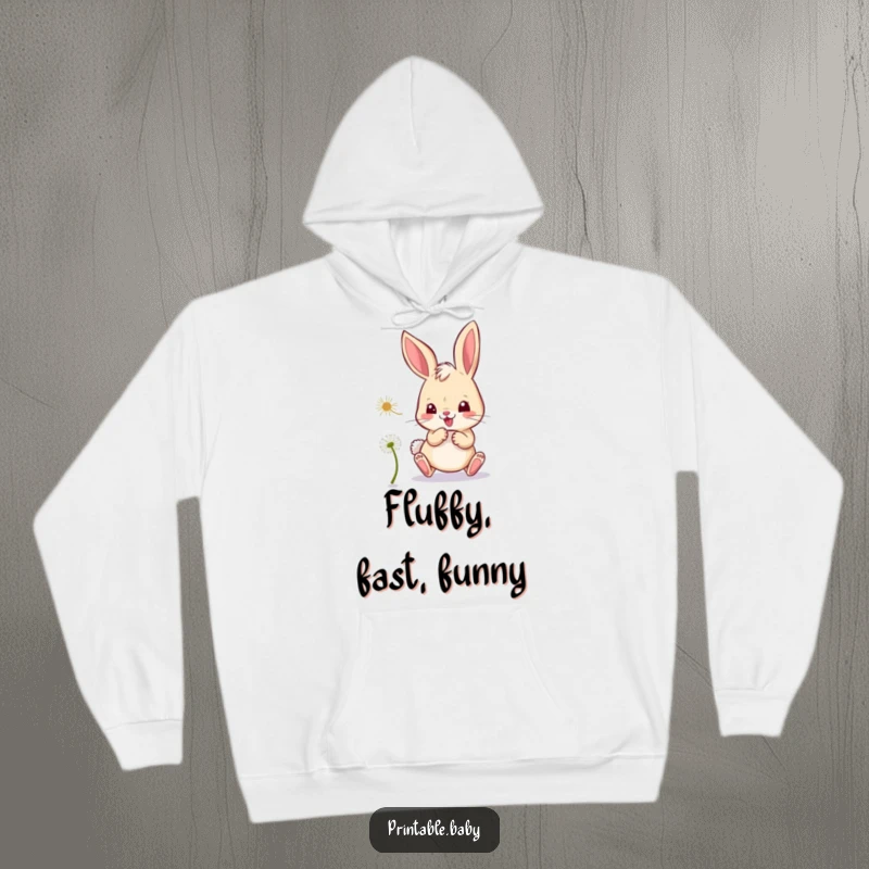 Funny bunny hoodie, a mischievous bunny playfully chasing a dandelion seed, cozy and fun.