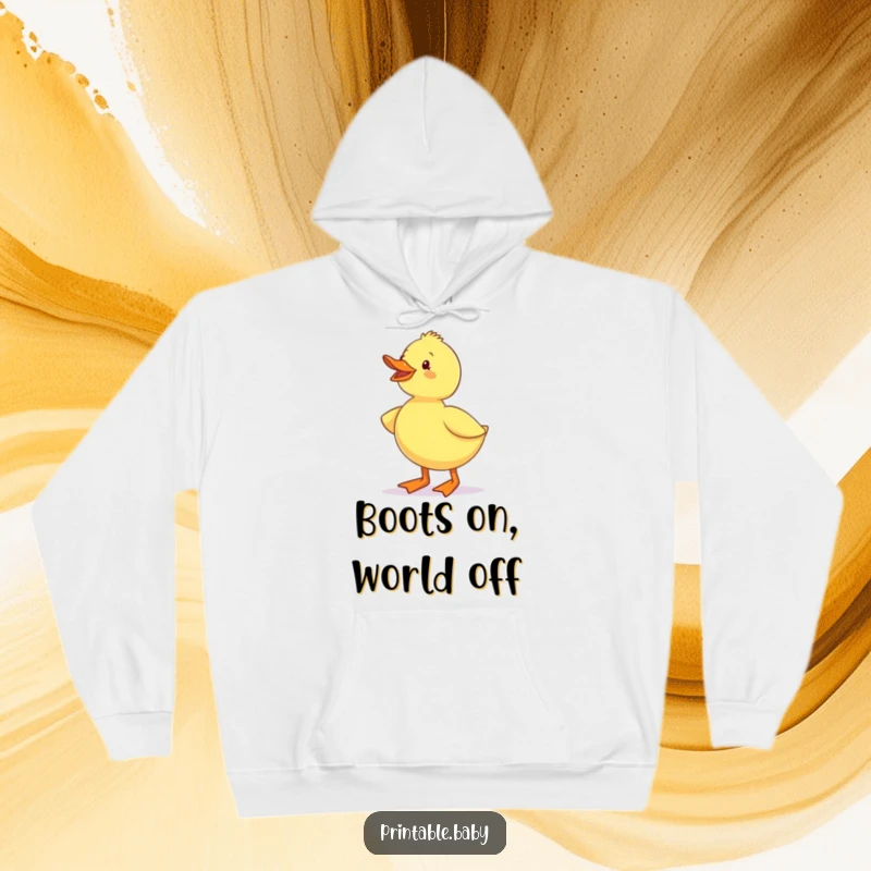 Funny Duckling Waddling Boots Hoodie: A cute and excited duckling sporting tiny boots, designed for maximum warmth and humor.