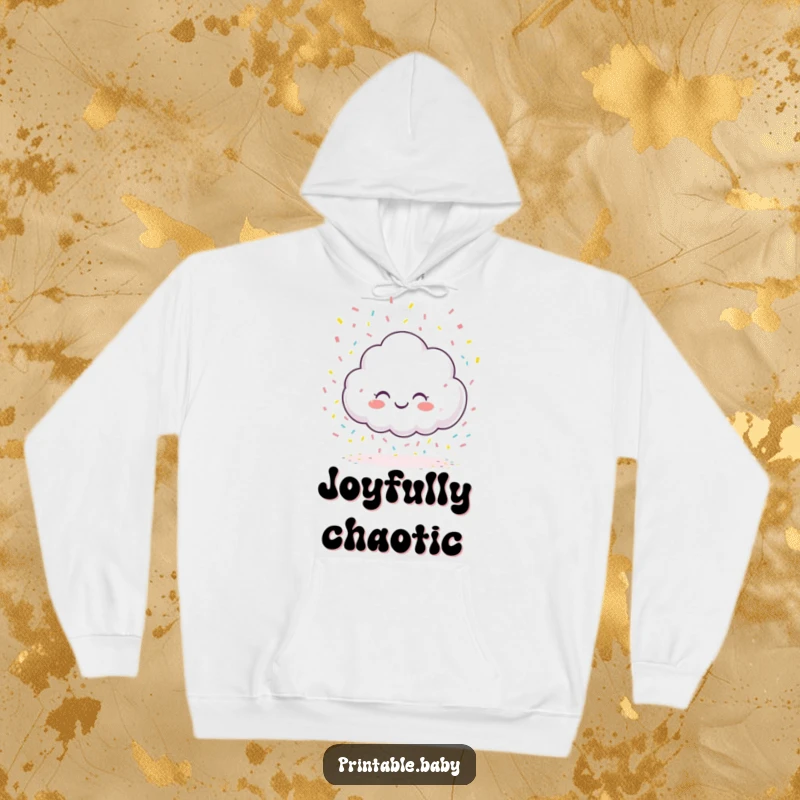 Funny giggling cloud character hoodie, raining colorful confetti onto a blank page, providing cozy comfort and creative inspiration.