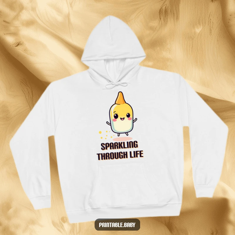 Funny glue stick sparkle hoodie with a happy glue stick character leaving a trail of sparkly dots, cozy and creatively fun.