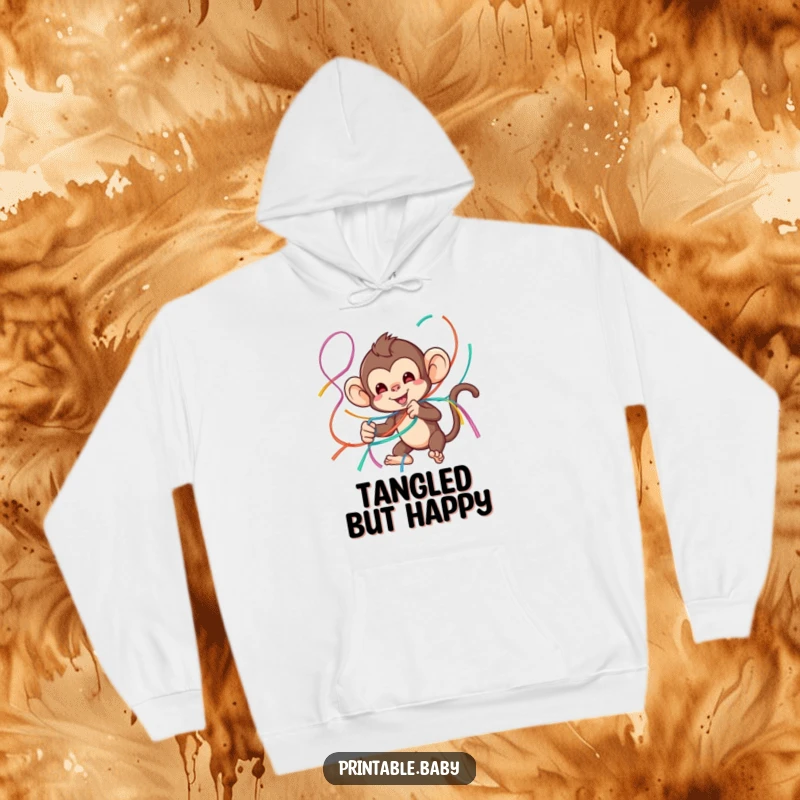 Funny monkey hoodie featuring a playful monkey tangled in colorful streamers, perfect for cozy, fun-filled days.