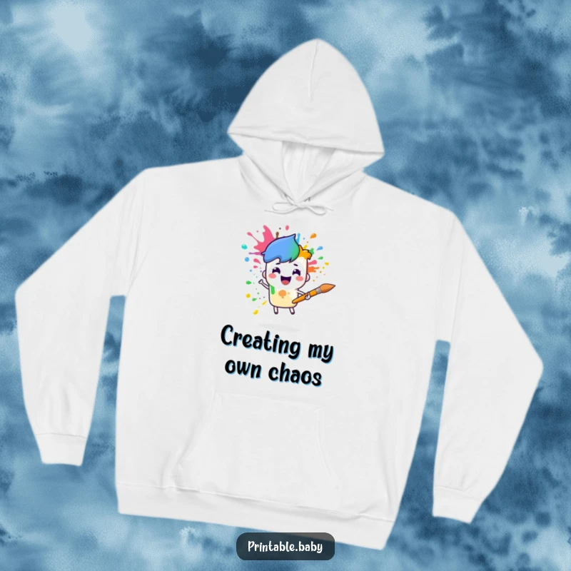 Funny paintbrush rainbow hoodie with a cheerful paintbrush character splattering rainbow colors, cozy and artistically fun.