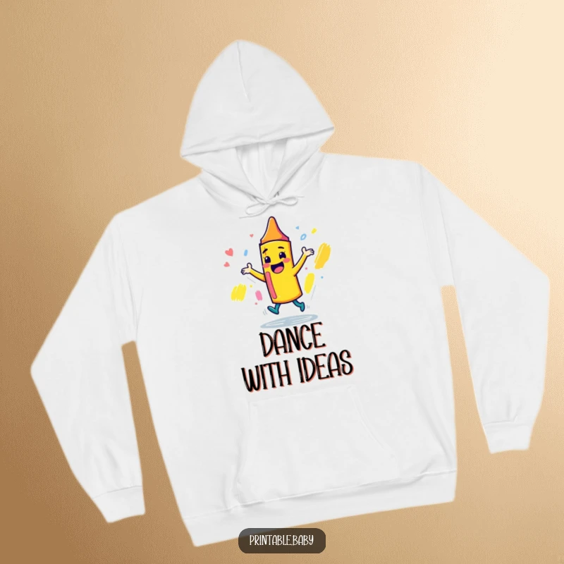 Funny playful crayon character hoodie, dancing joyfully around a sketchbook, offering cozy comfort and a whimsical artistic touch.