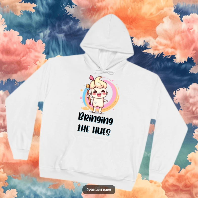 Funny Paintbrush Hoodie: A warm hoodie featuring a cheerful paintbrush character creating a rainbow swirl, perfect for art enthusiasts.