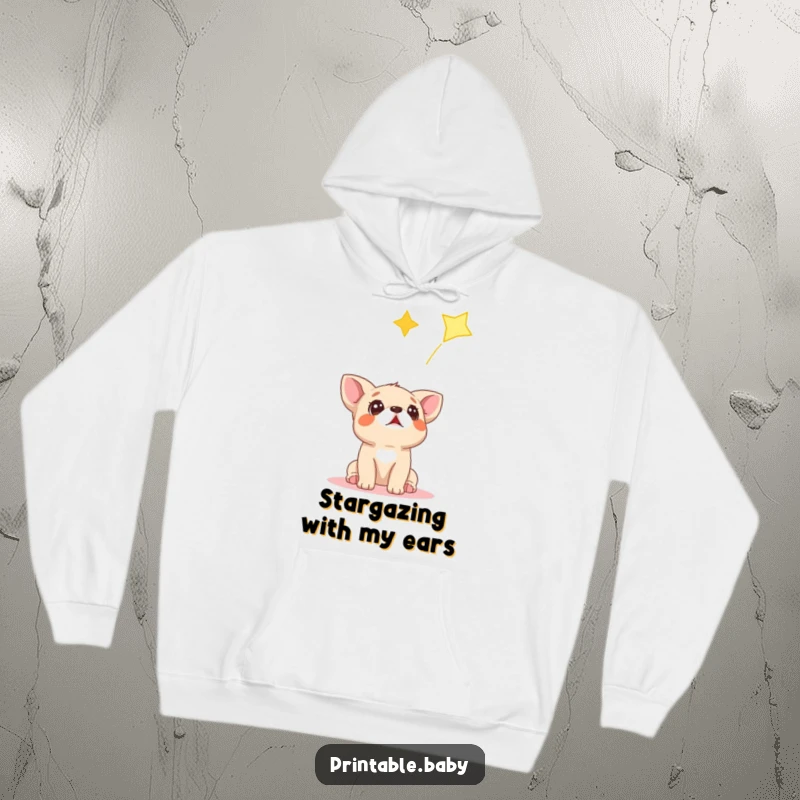 Funny hoodie with a surprised dog cub looking up at a shooting star, perfect for cozy nights and sweet dreams.
