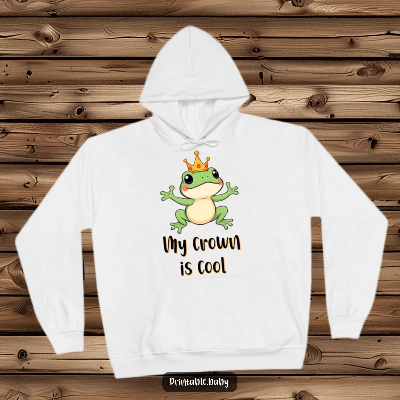 Funny leaping frog wearing a tiny crown, mid-leap, a humorous hoodie for cozy, regal enjoyment.
