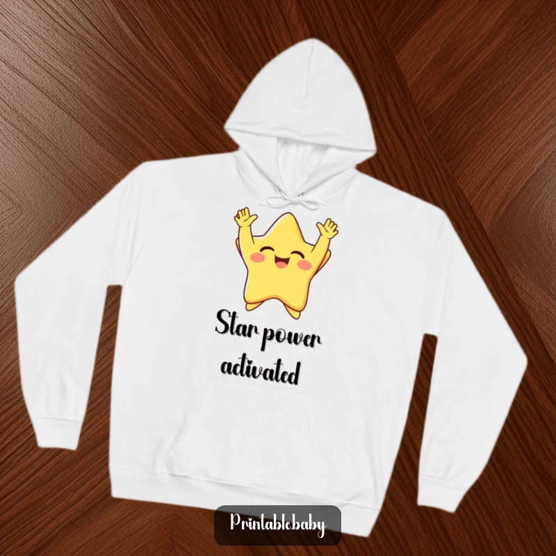 Funny giggling star with arms thrown up in pure joy, radiating happiness, a humorous hoodie for cozy, joyful comfort.