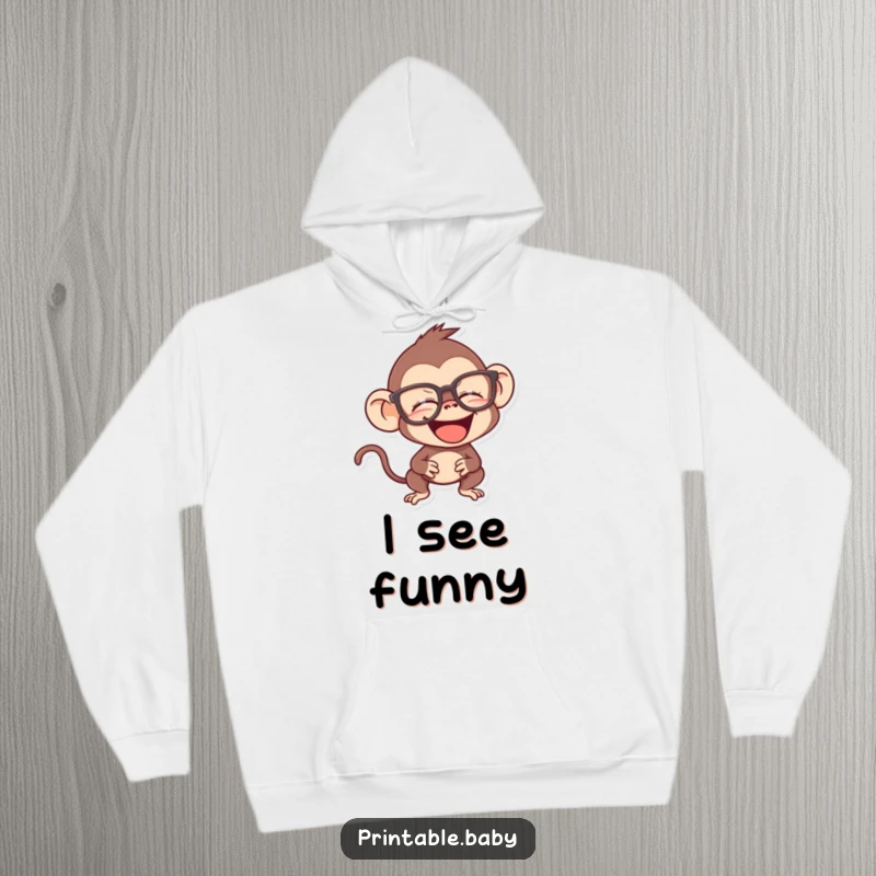 Funny monkey hoodie, mischievous primate giggling while wearing oversized spectacles, cozy and brainy apparel.