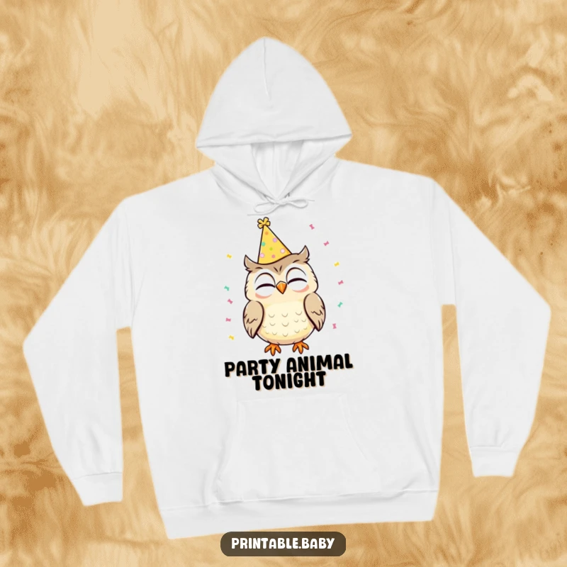 Funny hoodie featuring a giggling owl sporting a party hat with confetti falling, perfect for cozy celebrations and cheerful vibes.