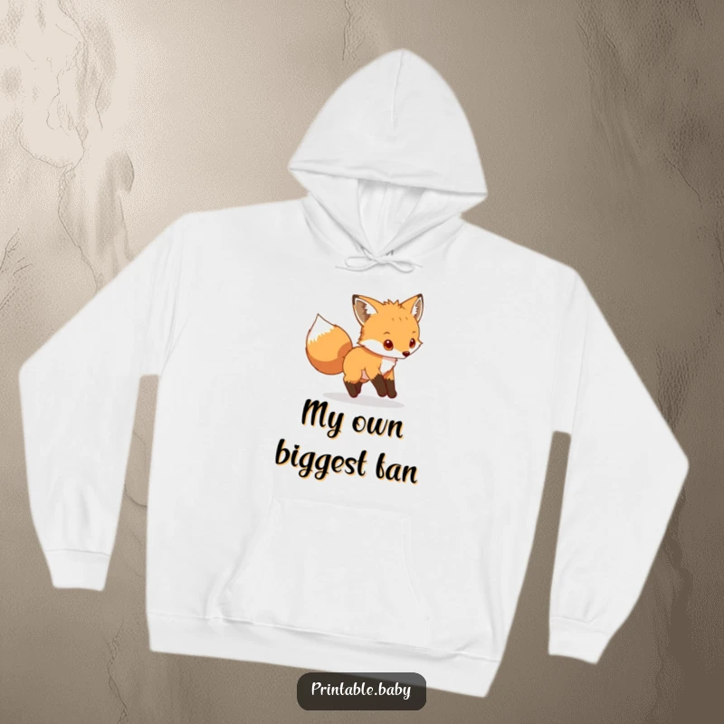 Funny fox cub hoodie, a playful animal chasing its tail, comfortable and humorous apparel.