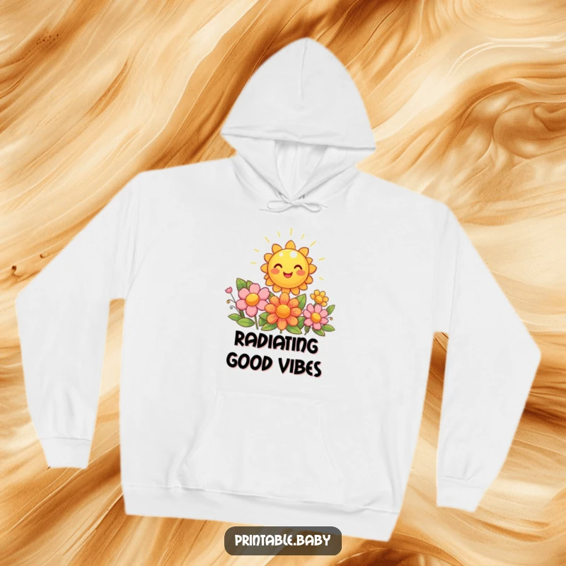 Funny sun hoodie, a giggling sun shining brightly with happy beaming flowers below.