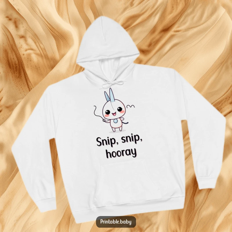 Funny scissors giggles hoodie with an excited scissors character snipping a wiggly line, cozy and humorously crafty.