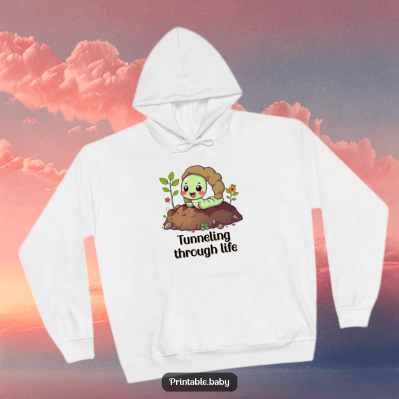 Funny happy worm joyfully tunneling through vibrant soil, leaving a trail, a humorous hoodie for cozy, earthy comfort.