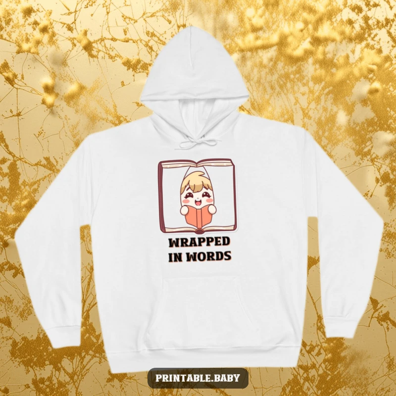 Funny Hoodie with a joyful book character peeking between pages, sporting a wide smile, designed for book enthusiasts.