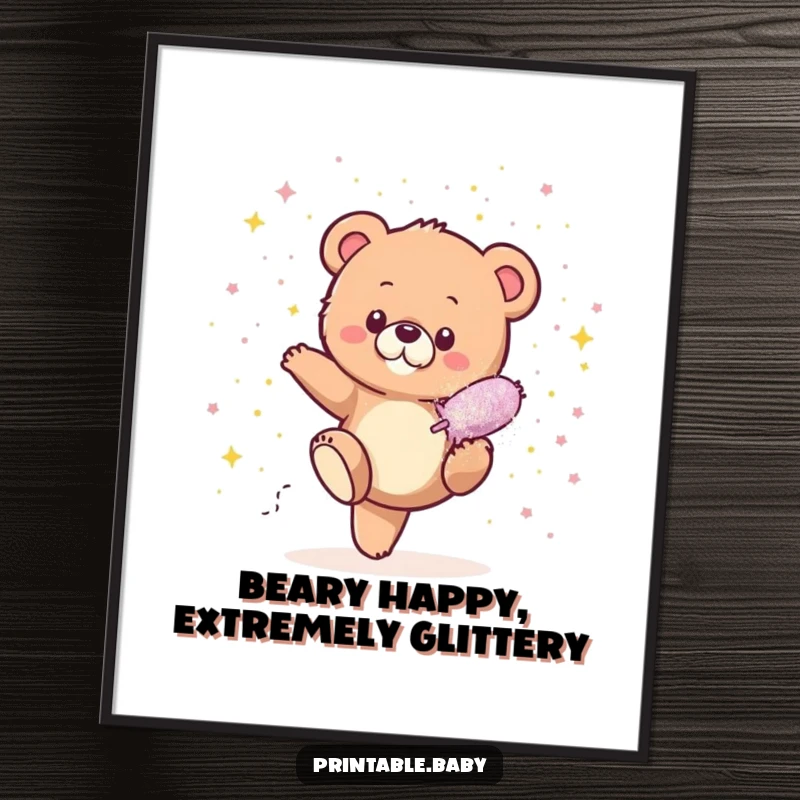 Funny Free Printable Wall Art: A small bear cub kicking a large glitter bomb, erupting in a shower of colorful sparkles.