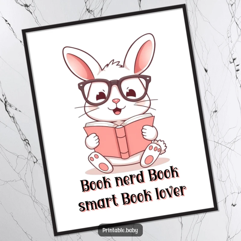 Funny Free Printable Wall Art: A clever bunny wearing oversized glasses absorbed in a book, perfect for a witty home.