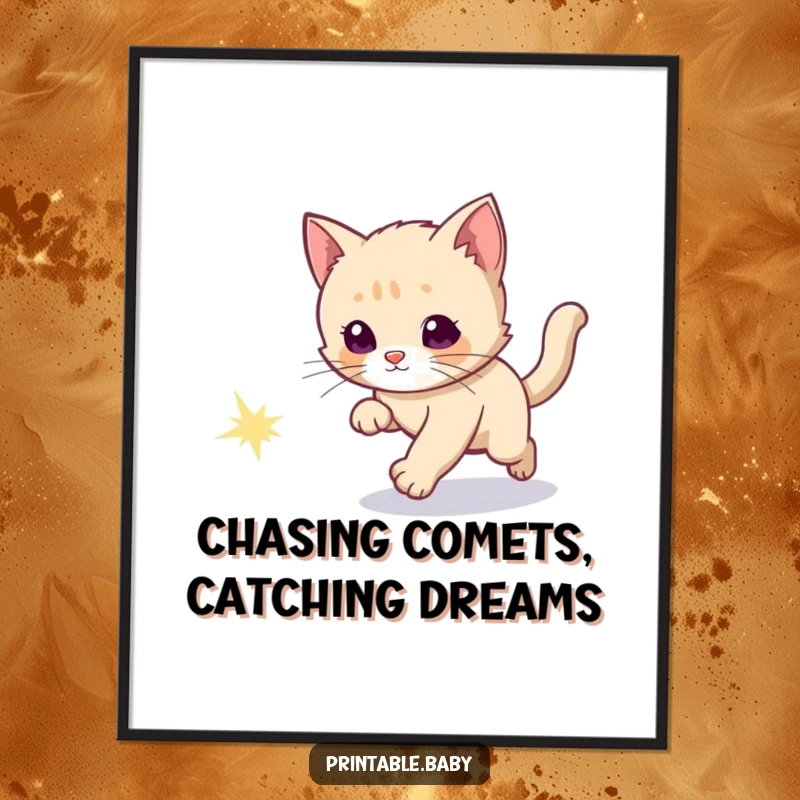 Funny Free Printable Wall Art: Curious kitten enthusiastically chasing a bright, sparkly comet tail across the galaxy.