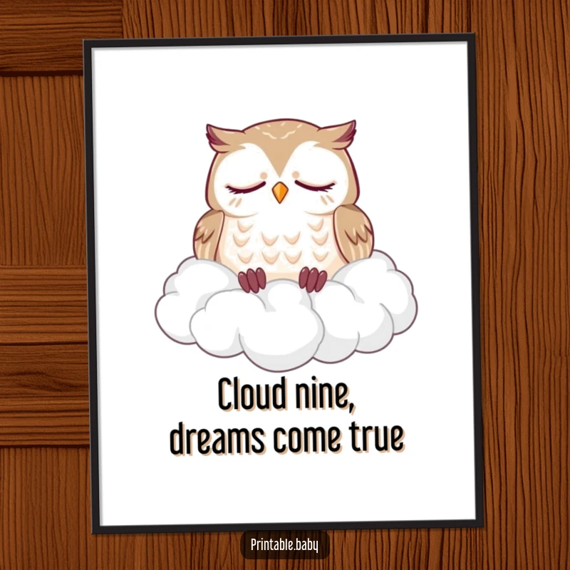 Funny Free Printable Owl Wall Art: A sleepy owl dozes soundly on a fluffy cloud pile, calming downloadable art.