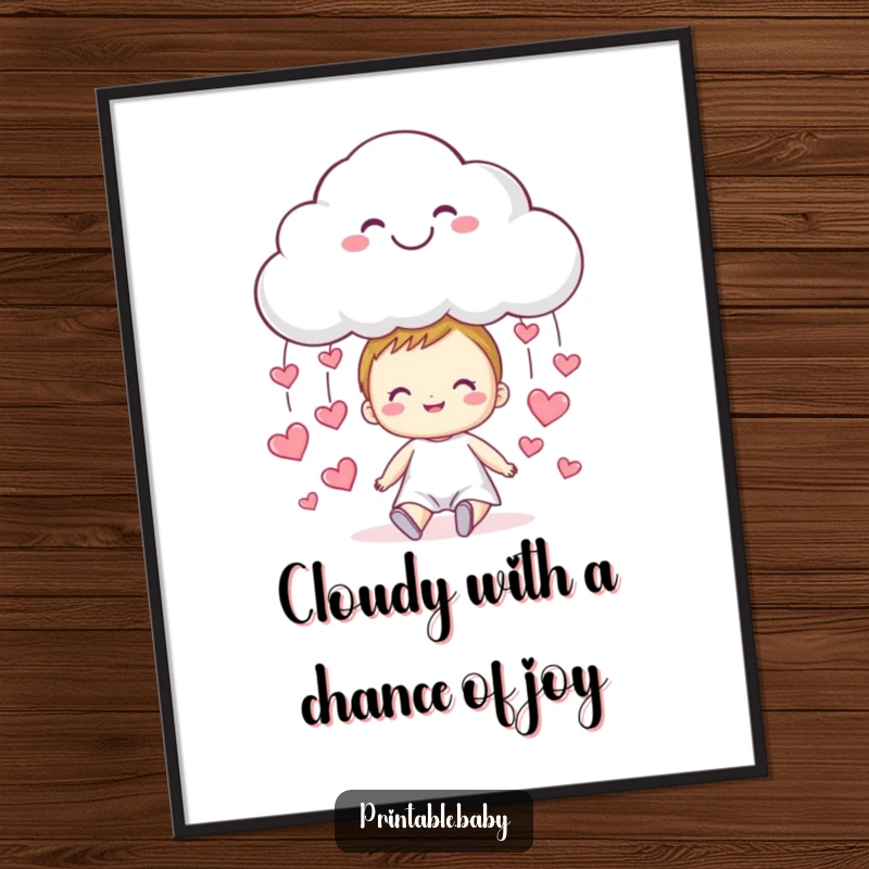 Free Printable Wall Art: A smiling cloud joyfully rains tiny hearts onto a happy child, creating a whimsical, loving scene.