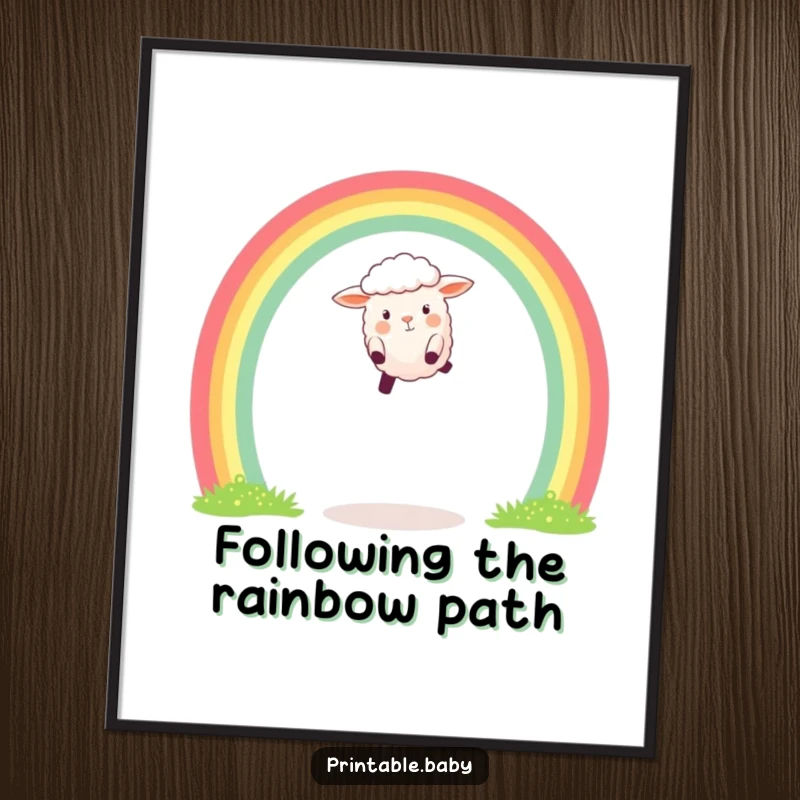 Funny Free Printable Wall Art: Happy sheep mid-air, leaping gracefully over a vibrant rainbow arch, adding a touch of joy.