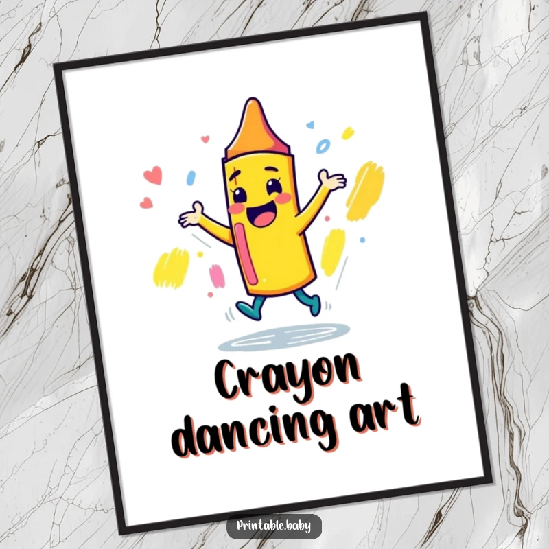 Funny Free Printable Wall Art: Playful crayon character dancing joyfully around a sketchbook, adding colorful, humorous art.