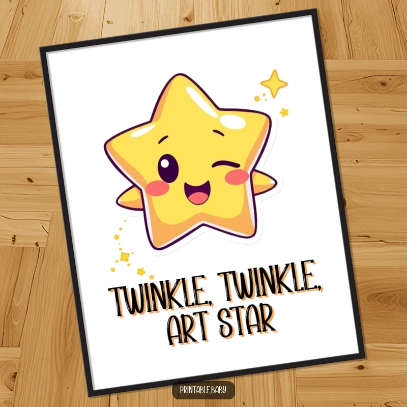 Funny Free Printable Wall Art: Happy star character winking, leaving a trail of glitter, creating a whimsical, humorous artwork.