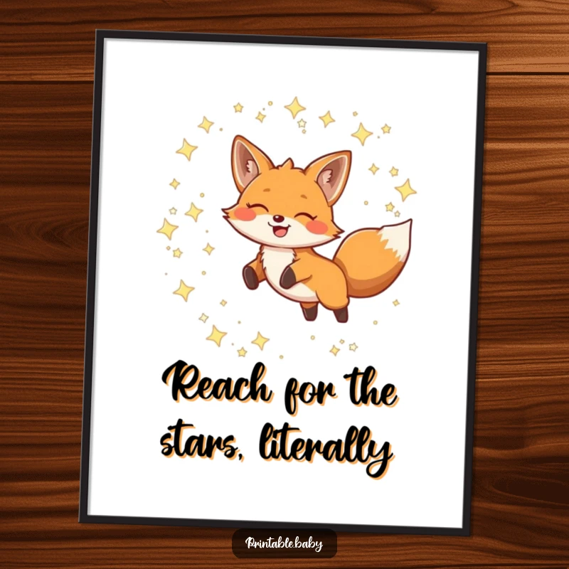 Funny Free Printable Wall Art: Adorable smiling fox leaping joyfully through a magical sky of twinkling constellations.