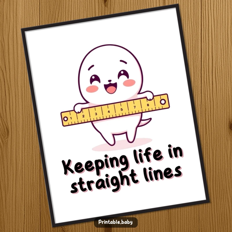 Funny Free Printable Wall Art featuring a delighted ruler character merrily measuring an intricate loop-de-loop pattern, adding geometric fun.